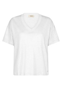 White short-sleeved V-neck t-shirt made of lightweight fabric. Features a relaxed fit and subtle texture with brand label in the neckline.