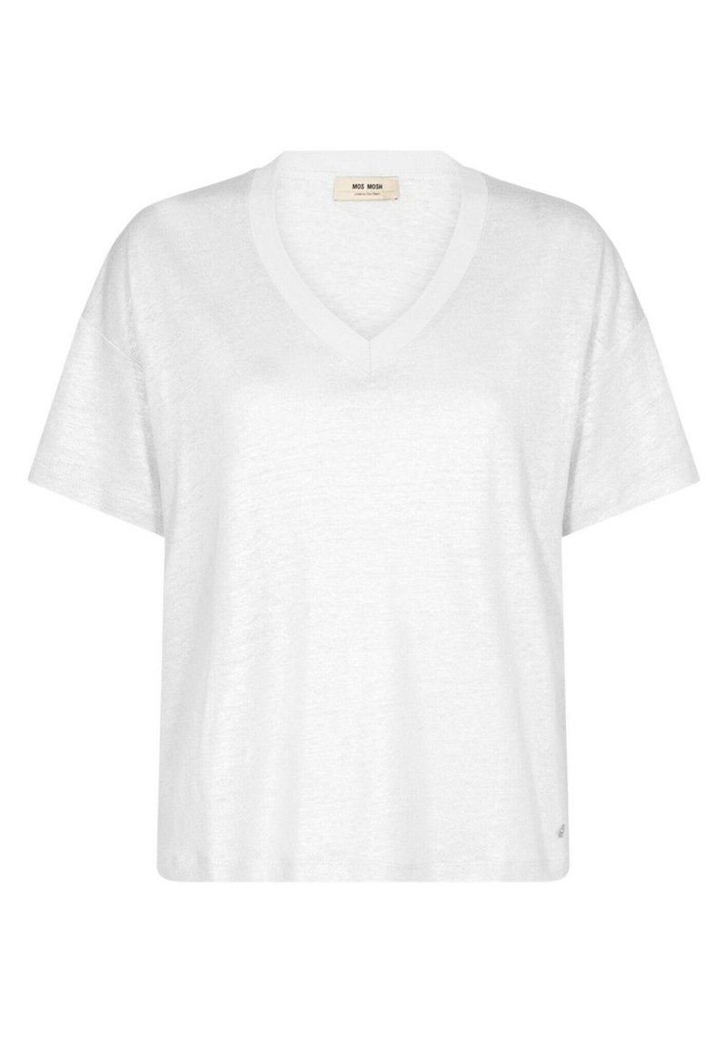 White short-sleeved V-neck t-shirt made of lightweight fabric. Features a relaxed fit and subtle texture with brand label in the neckline.