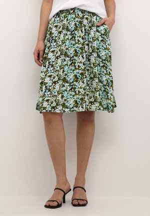 Floral skirt in shades of blue and green, lightweight fabric, pleated design, elastic waistband, features side pockets.