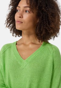 Groene gebreide trui met een V-hals ontwerp. Kenmerkt een textuurstof, geribbelde halslijn en een ontspannen pasvorm met raglanmouwen.