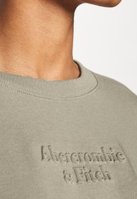 Felpa verde oliva chiaro con scollatura a costine. Presenta un ricamo testurizzato con la scritta "Abercrombie & Fitch" sul davanti. Materiale morbido in misto cotone.