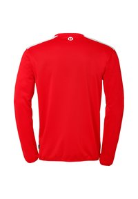 Rode sporttrui met lange mouwen, gemaakt van gladde stof, met witte schouderaccenten en een klein logo op de achterkant van de nek.