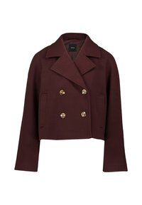 Manteau croisé marron foncé, coupé, avec de larges revers et quatre boutons marron, comportant deux poches latérales.