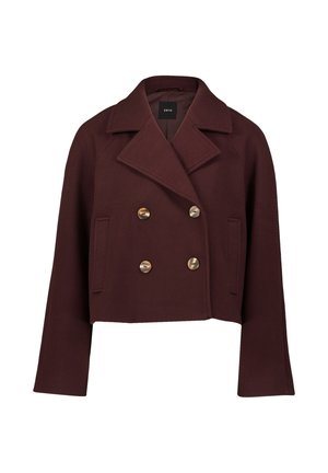 Manteau croisé marron foncé, coupé, avec de larges revers et quatre boutons marron, comportant deux poches latérales.