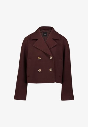 Cropped double-breasted dark brown coat with wide lapels and four brown buttons, featuring two side pockets.