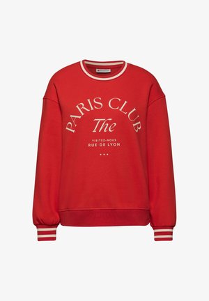 Roter Sweatshirt mit weißem "PARIS CLUB"-Schriftzug. Mit Rundhalsausschnitt und gestreiften Bündchen. Aus weichem Stoff, lockere Passform.