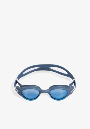 Occhialini da nuoto blu scuro con lenti oscurate, cinturini in silicone e un design del telaio testurizzato con accenti bianchi e una forma aerodinamica.