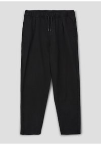 Pantalons noirs en tissu doux avec une taille élastique, un cordon de serrage ajustable et des jambes fuselées. Comprend des poches latérales.