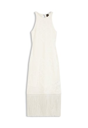 Λευκό midi φόρεμα χωρίς μανίκια από δαντέλα με ψηλό λαιμό και μακριά φράντζα στο τελείωμα, απλωμένο σε άσπρο φόντο.