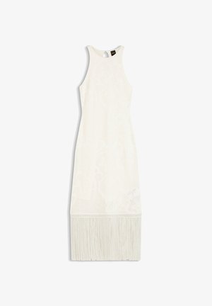 Λευκό midi φόρεμα χωρίς μανίκια από δαντέλα με ψηλό λαιμό και μακριά φράντζα στο τελείωμα, απλωμένο σε άσπρο φόντο.