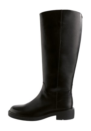 Black leather knee-high boots with a rounded toe, smooth texture, and a block heel; features minimal stitching and a sleek design.