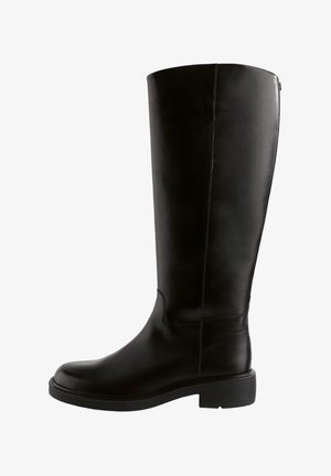 Black leather knee-high boots with a rounded toe, smooth texture, and a block heel; features minimal stitching and a sleek design.