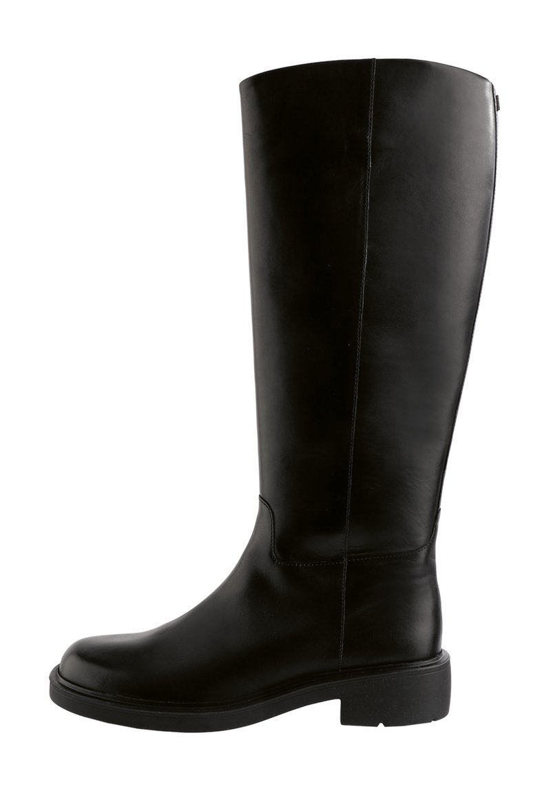 Czarne skórzane kozaki do kolan z okrągłym noskiem, gładką teksturą i grubym obcasem; charakteryzują się minimalnym przeszyciem i eleganckim designem.
