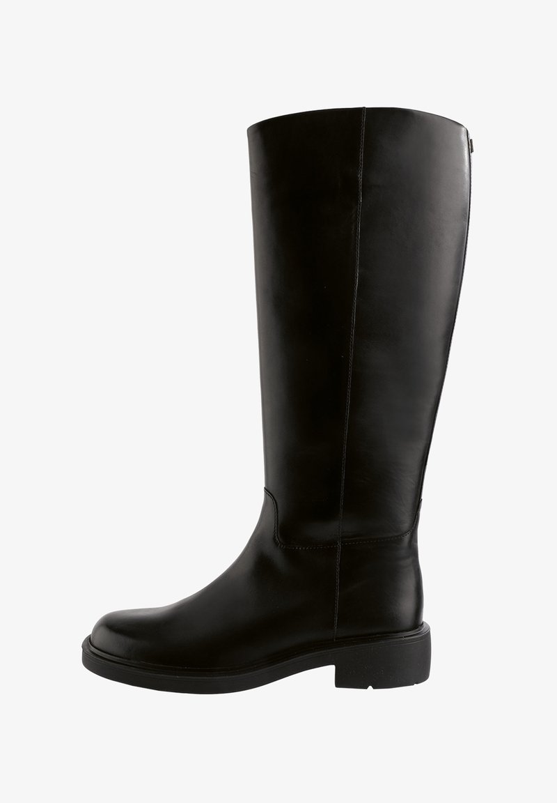 Bottes en cuir noir montantes jusqu'au genou avec un bout rond, une texture lisse et un talon carré ; arbore une couture minimale et un design épuré.