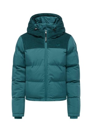 Teal dunjakke med teksturert hette, glidelåslukking og ribbestrikkede mansjetter. Quiltede seksjoner skaper en tydelig kontrast i materialet.