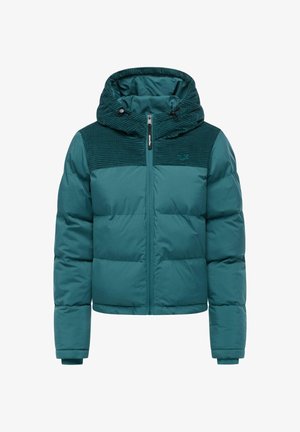 Turkusowa kurtka puchowa z teksturowanym kapturem, zamkiem błyskawicznym i ściągaczami na rękawach. Pikowane sekcje tworzą wyraźny kontrast materiałów.