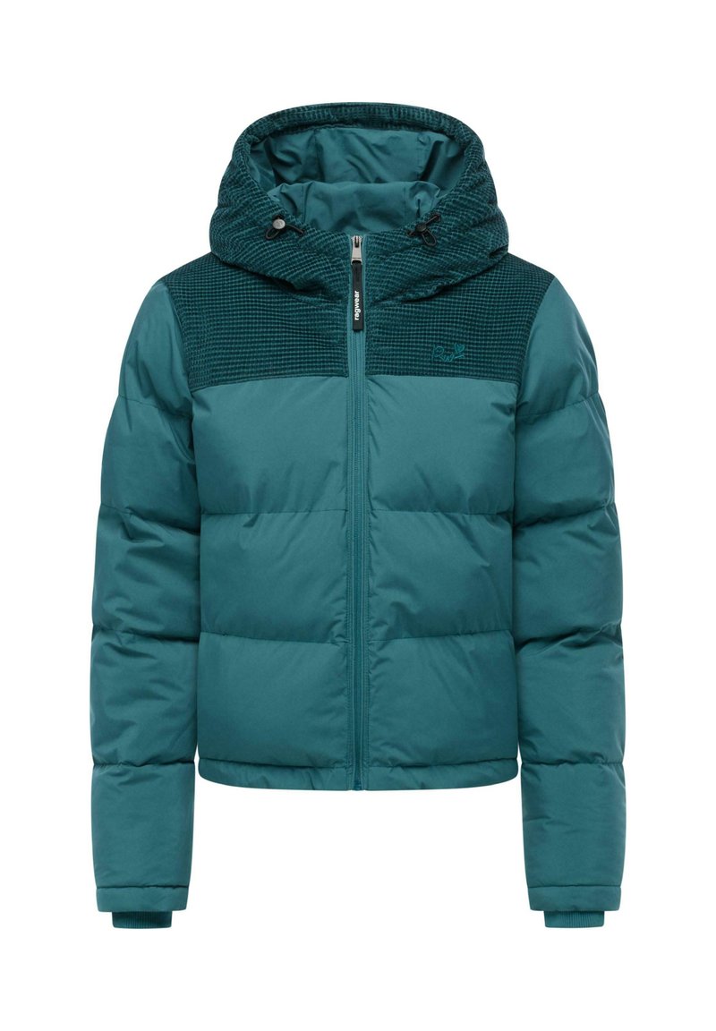 Teal dunjakke med teksturert hette, glidelåslukking og ribbestrikkede mansjetter. Quiltede seksjoner skaper en tydelig kontrast i materialet.