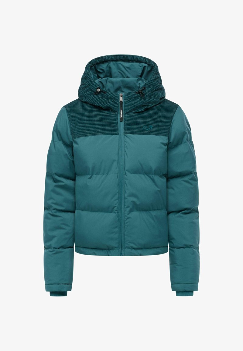 Piumino turchese con cappuccio strutturato, chiusura con zip e polsini a coste. Le sezioni trapuntate creano un contrasto distintivo di materiali.