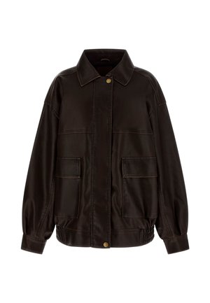 Czarna skórzana kurtka z kołnierzem, zapięciem na guziki, dwoma przednimi kieszeniami z klapkami, długimi rękawami i elastycznym pasem.