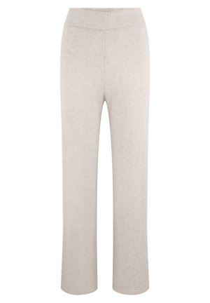 Helle beige, gestrickte Hose mit geradem Bein, ausgestattet mit einem elastischen Bund und glatter Textur; keine sichtbaren Muster oder Akzente.