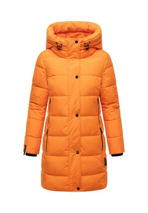 Oranje gewatteerde jas met een capuchon, zwarte accenten, knoop- en ritsclosures, en een geborduurd ontwerp. Voorzien van zijzakken en elastische manchetten.