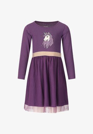 Lila langärmliges Kleid mit Tüllrock, goldenem Taillenband und einem Einhornkopf mit Blumen, der auf der Brust gedruckt ist.