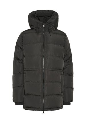 Dunkelgraue Pufferjacke mit hohem Kragen, Reißverschluss, elastischen Bündchen und einer gesteppte Optik mit horizontalen Nähten.