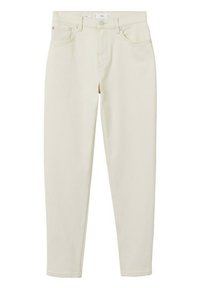 Jeans skinny de color beige claro, hechos de mezclilla, con un cierre frontal de botón y bolsillos estándar con costuras en contraste.