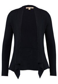 Cardigan noir en maille côtelée avec manches longues, devant ouvert et ourlet asymétrique. Le tissu texturé apporte de la profondeur au design.
