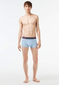 Boxers pour hommes bleu clair avec une ceinture à rayures noire et rouge. Comprend un petit logo vert sur l'ourlet gauche. Texture du tissu douce.
