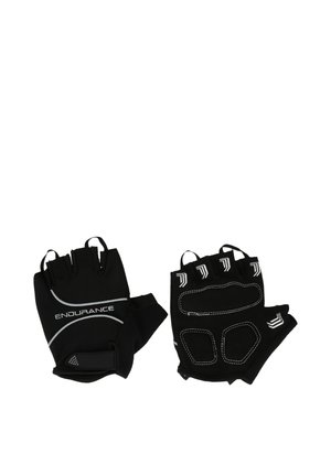 Black fitness gloves with half-finger design, featuring white stitching and an adjustable wrist strap. Textured padding on palms for grip.