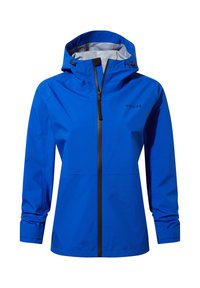 Bright blue waterproof jacket with hood, front zipper, and adjustable hood toggles, branded "TOG24" on the chest.