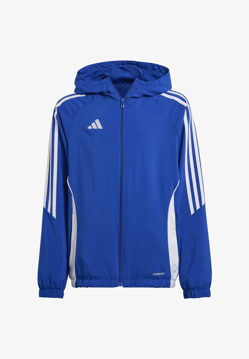 Blaues Sportjackett mit Frontreißverschluss, Kapuze, weißen Streifenakzenten an den Ärmeln und elastischen Bündchen. Mit dem "AEROREADY"-Label am Saum.