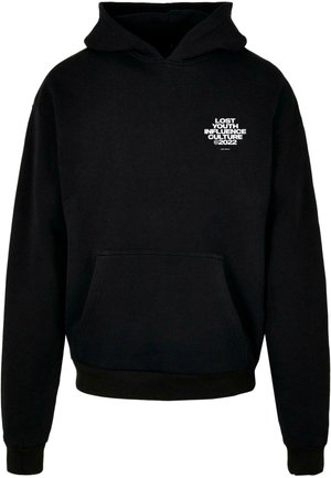 Black hoodie made of cotton blend, featuring a kangaroo pocket, ribbed cuffs, and a white printed logo on the chest. Simple, pullover design.
