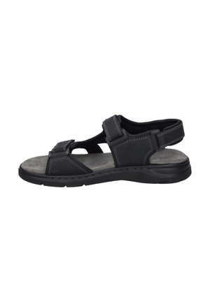 Black sandals featuring synthetic straps and a padded suede insole. Open design with adjustable hook-and-loop closure and stitched detailing.