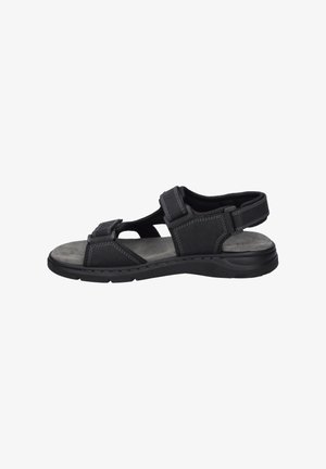 Black sandals featuring synthetic straps and a padded suede insole. Open design with adjustable hook-and-loop closure and stitched detailing.