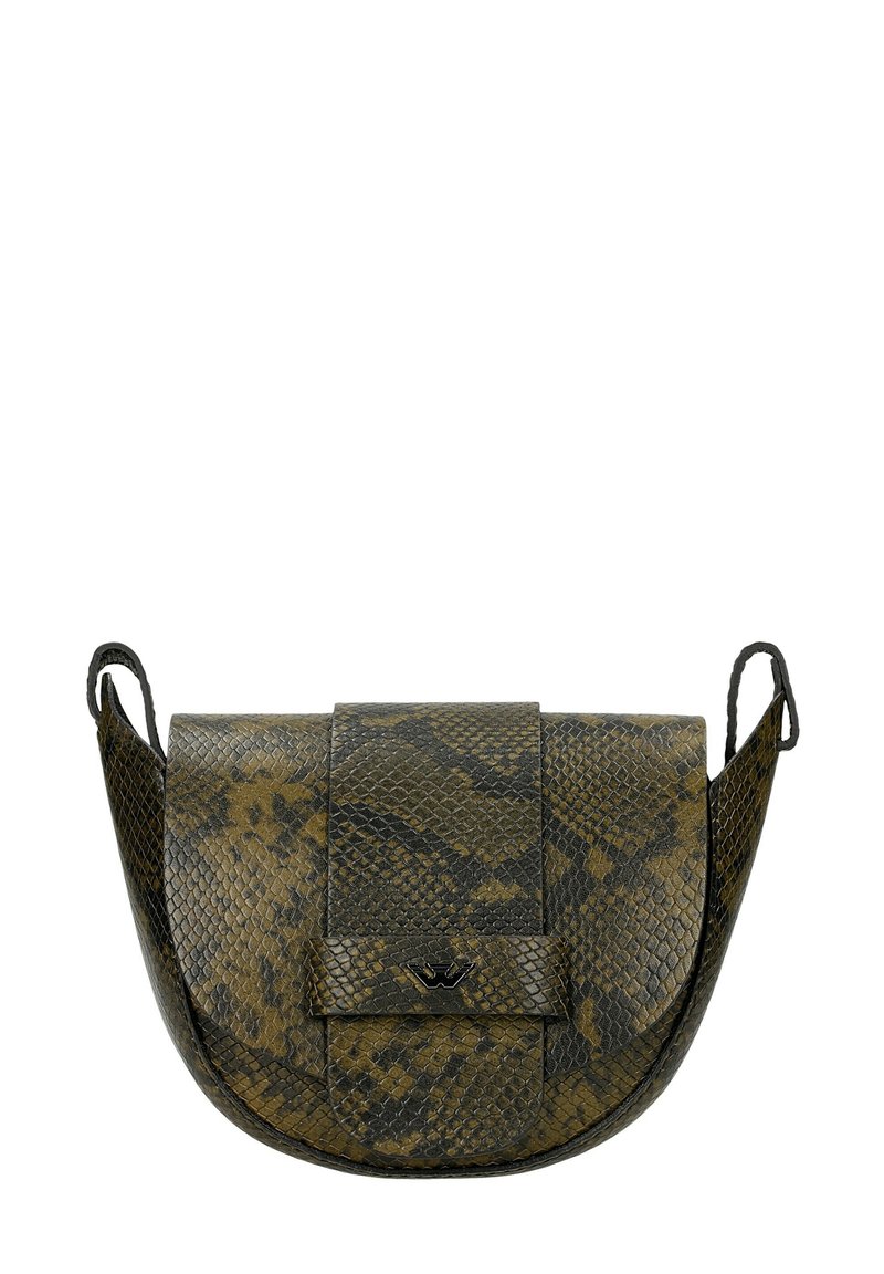 Borsa a tracolla in pelle con motivo a squama di serpente marrone e nera, con chiusura a patta e piccolo logo in metallo al centro anteriore.
