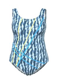 Bañador de una pieza en un patrón ondulado azul y blanco, con franjas diagonales de acento amarillas y azules. Tejido suave y elástico con tirantes anchos.