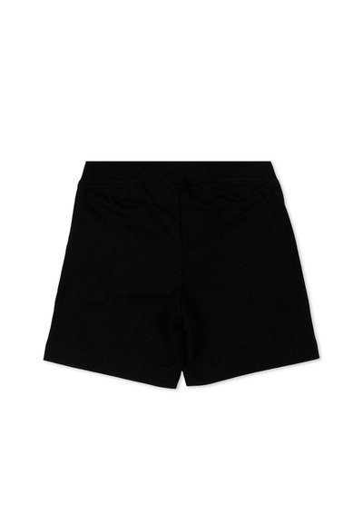 Shorts à taille élastique noire avec un design simple, un devant plat, sans poches ni logos visibles.