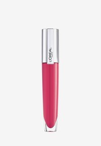 L'Oréal Paris liquid lipstick in a glossy, curved container; bright pink formula visible through transparent glass; silver metallic cap.