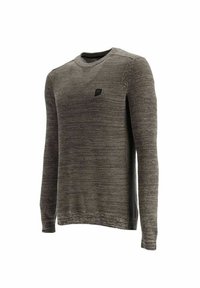 Langärmeliger Pullover aus einem strukturierten grauen Stoff, mit einem runden Ausschnitt und einem kleinen schwarzen Logo auf der Brust. Glatte Oberfläche, lässiges Design.