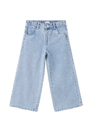 Jeans a gamba larga azzurro chiaro con piccoli motivi a cuore bianchi, tasche frontali, passanti per cintura e chiusura con bottone e cerniera.