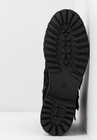 Chaussures noires avec une semelle en caoutchouc texturé montrant un motif de traction détaillé ; le matériau semble doux, avec une fermeture éclair sur le côté.