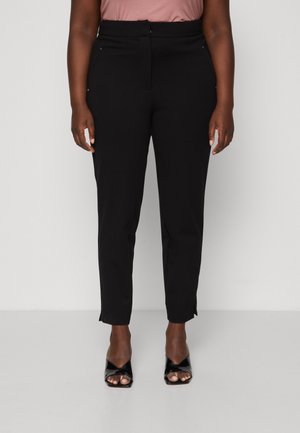 Sort skræddersyede bukser med slim fit, høj talje og sideslids, lavet af et glat, strækbart materiale.