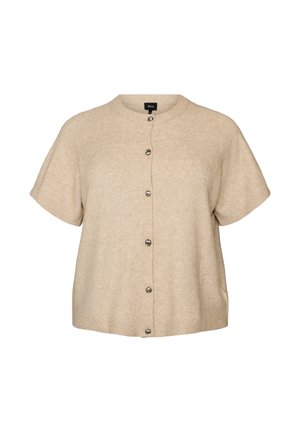 Cardigan tricoté beige à manches courtes avec col rond et six boutons métalliques sur le devant.
