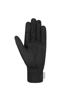 Black gloves with a smooth, textured surface and herringbone pattern on the palm. Features a snug wrist cuff and no visible hardware.