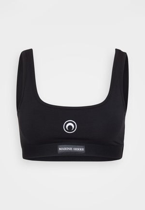 Black sports bra featuring a square neckline, thick straps, and a logo in white. Soft, stretchy fabric with a fitted design and supportive band.