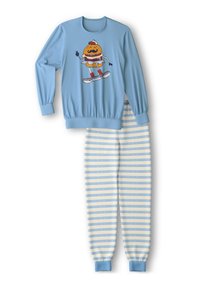 Lichtblauw pyjamapak met een T-shirt met ronde hals, voorzien van een grafische afbeelding van een hamburgerfiguur, en gestreepte crème- en blauwe broek met elastische boorden.