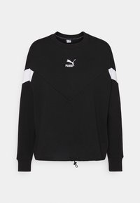 Zwarte sweatshirt met een ronde halslijn, witte accenten op de schouders en een trekkoord onderaan. Voorzien van een klein Puma-logo op de borst.