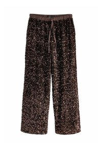 Browni plati bikses, pārklātas ar spīdošām sekvīnām, ar elastīgu jostu un auklu. Gluda tekstūra un spīdīga, atstarojoša virsma.